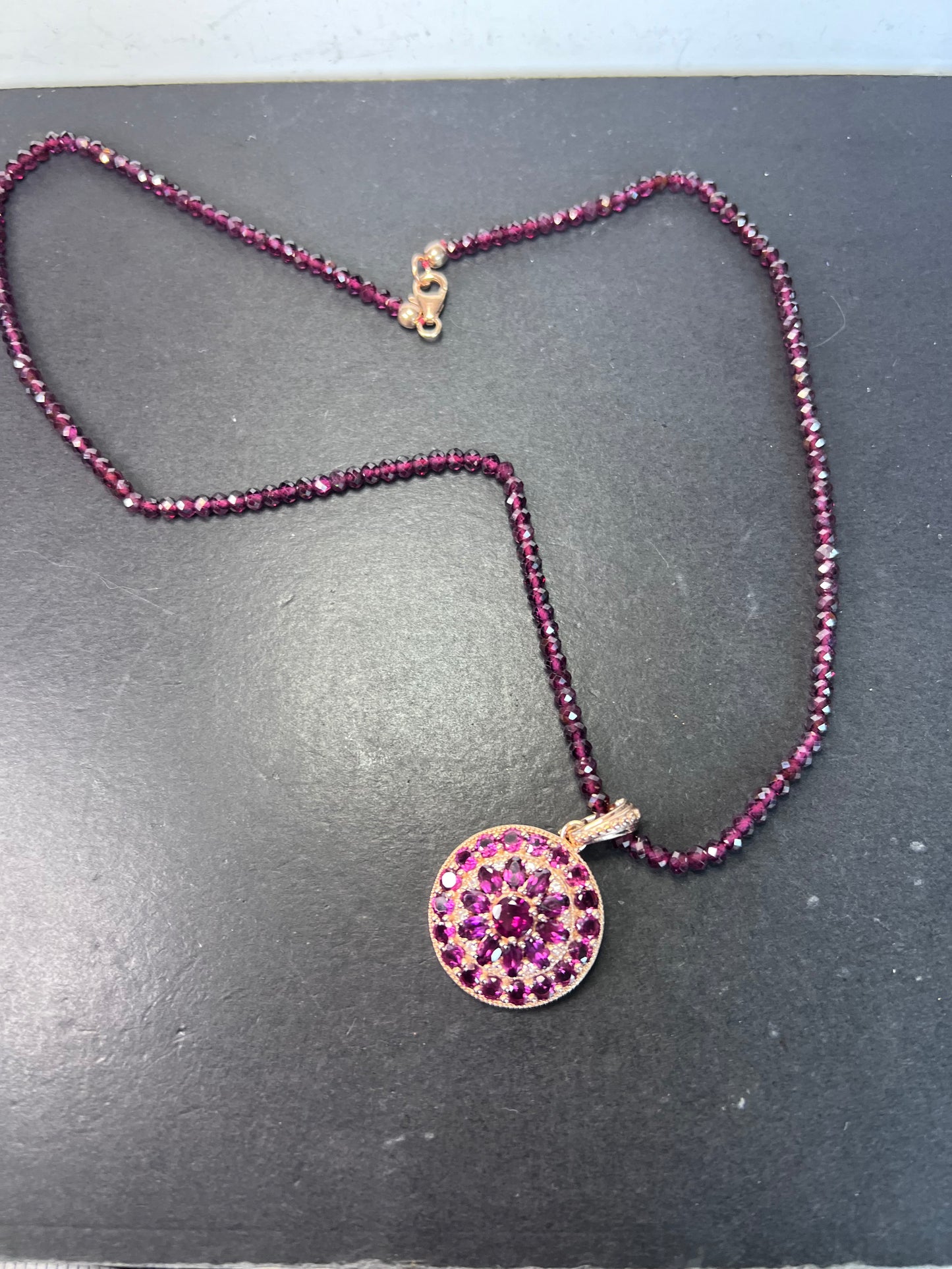 *NEW* Rhodolite garnet and white topaz pendant and necklace in rose gold over sterling silver