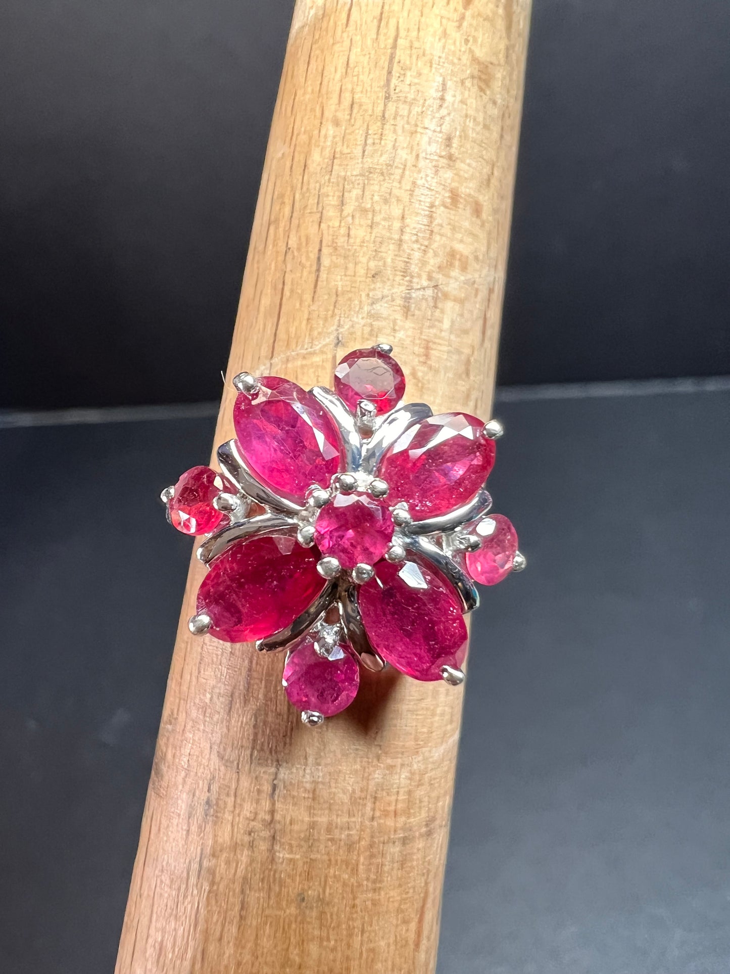 Vintage ruby flower cluster sterling silver ring size 7