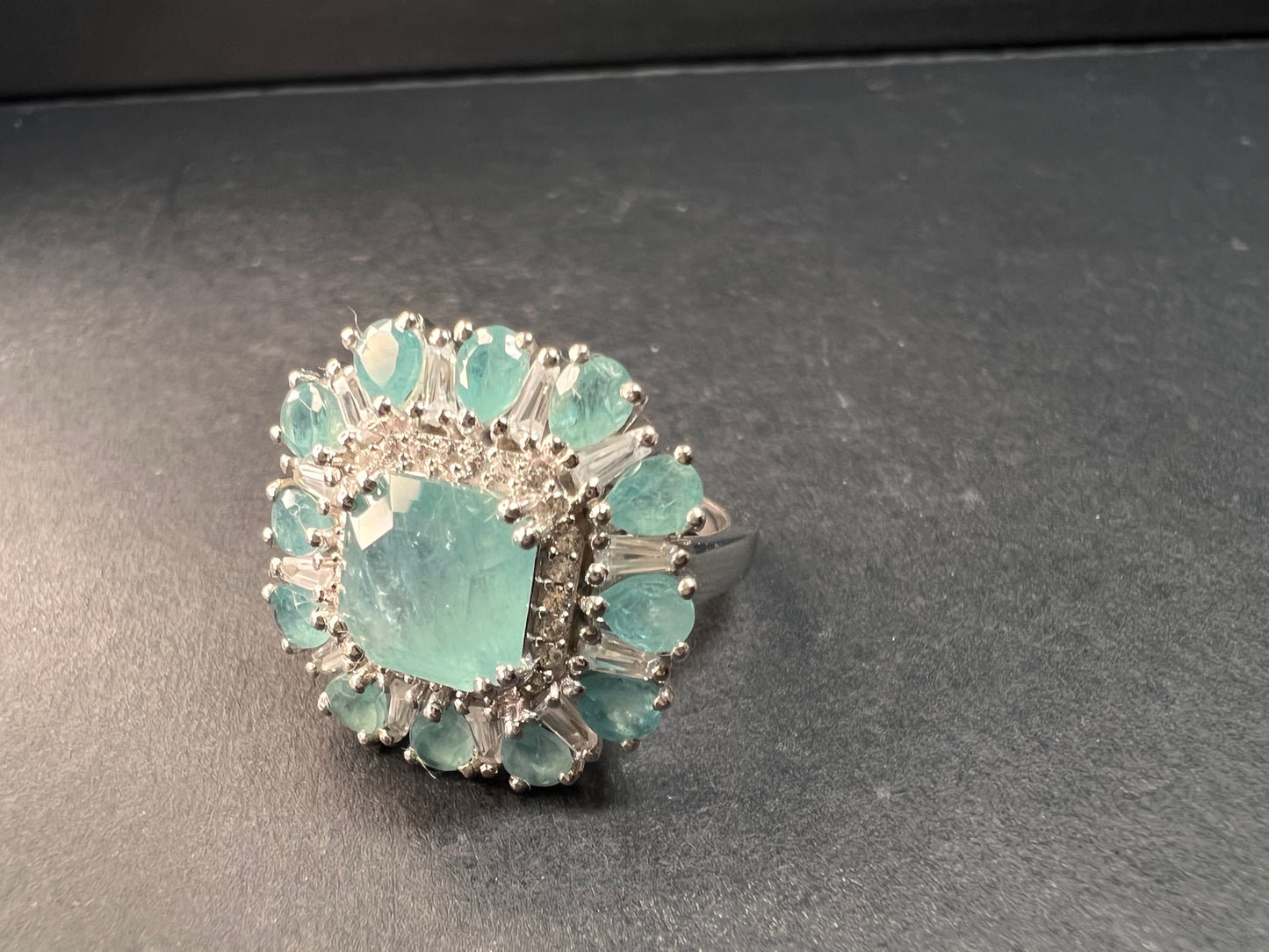 NEW grandidierite and zircon cocktail ring in rhodium over sterling silver size 7