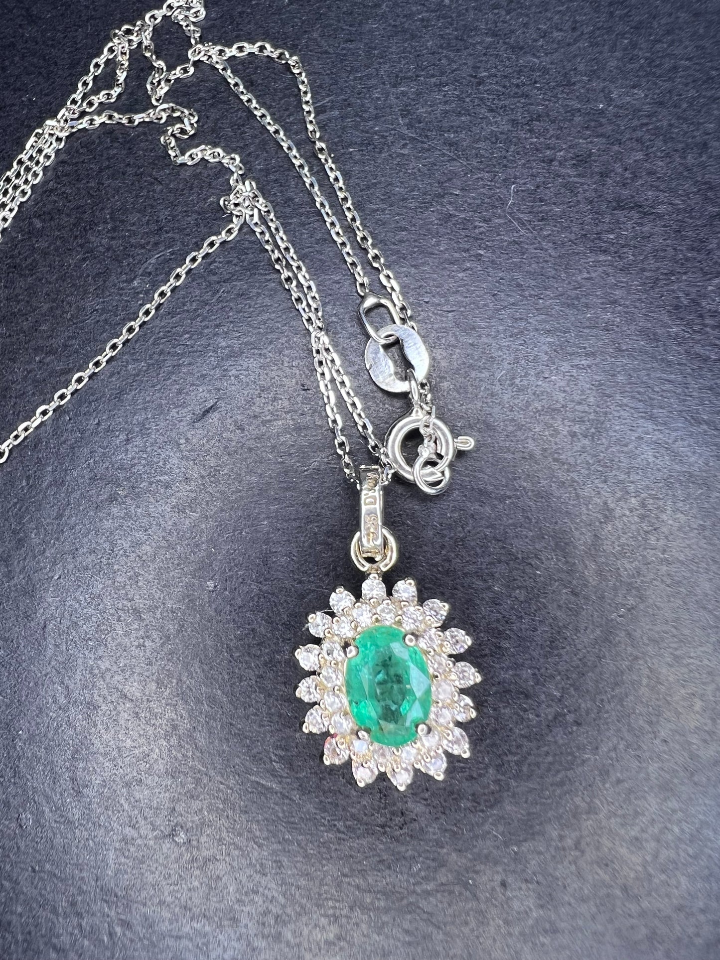 Zambian Emerald and White Zircon Sunburst Pendant Necklace 18 Inches in Platinum Over Sterling Silver 1.50 ctw
