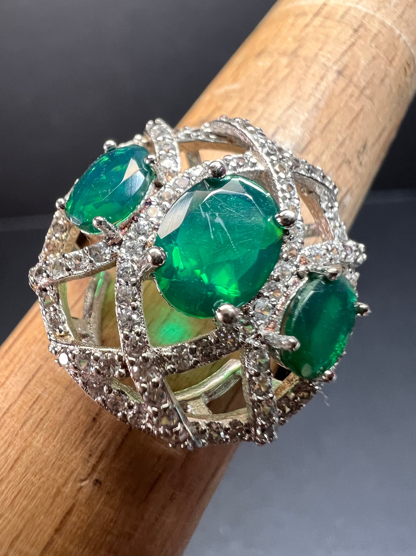 Synthetic emerald CZ sterling silver cocktail ring size 9