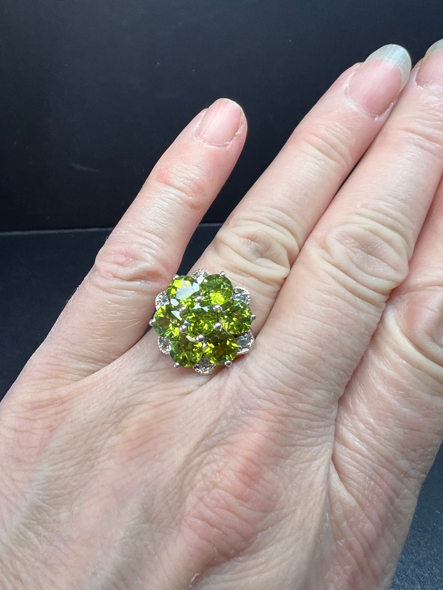 Vintage peridot and aquamarine sterling silver cluster ring size 7