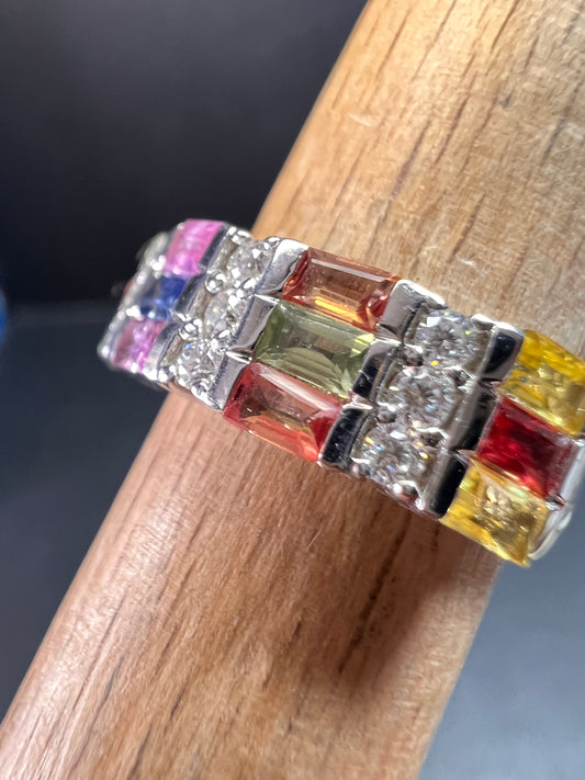 NEW multi sapphire and moissanite art deco style ring in rhodium over sterling silver size 5