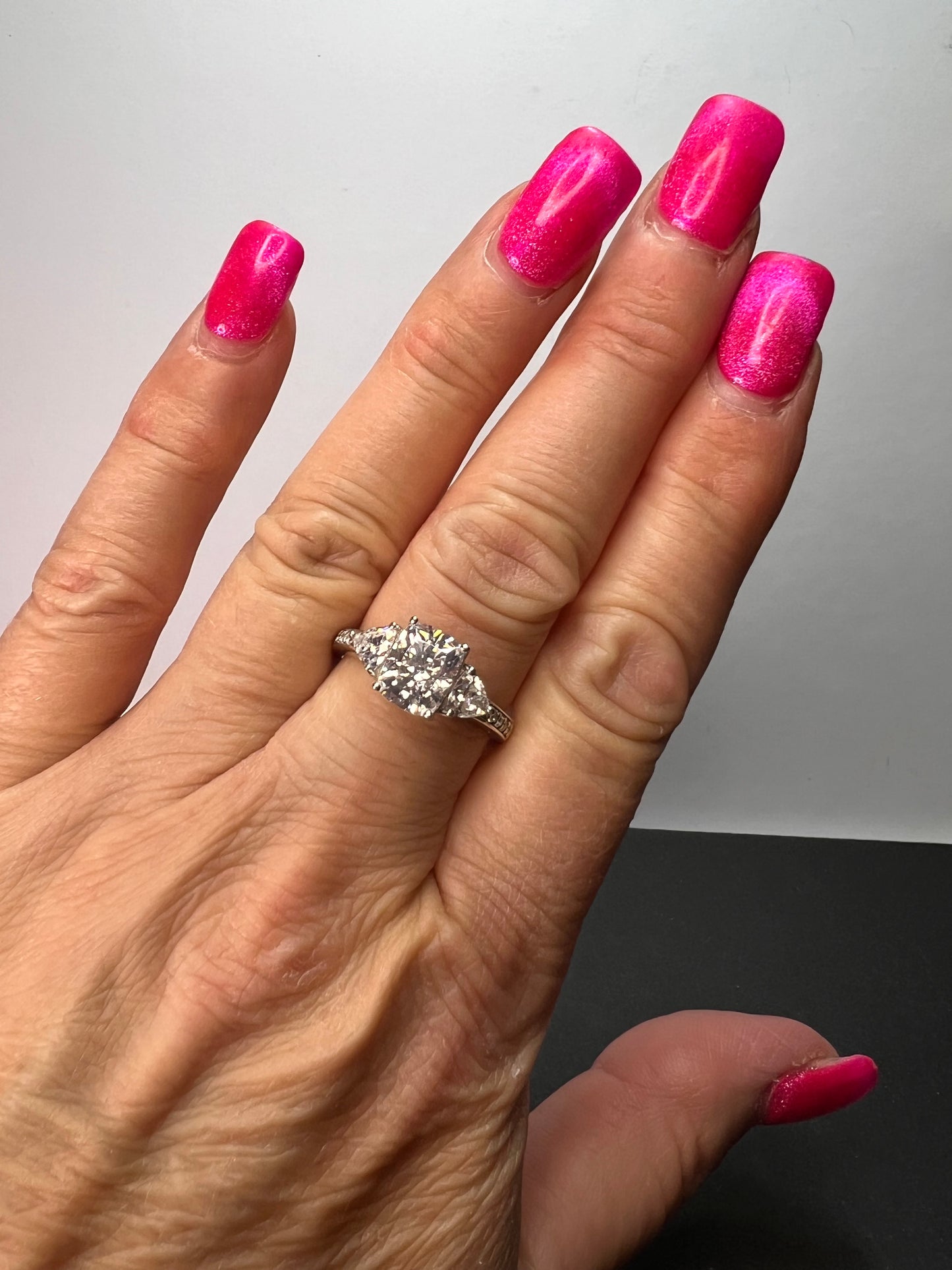 White cushion cut cubic zirconia platinum over sterling silver ring size 9