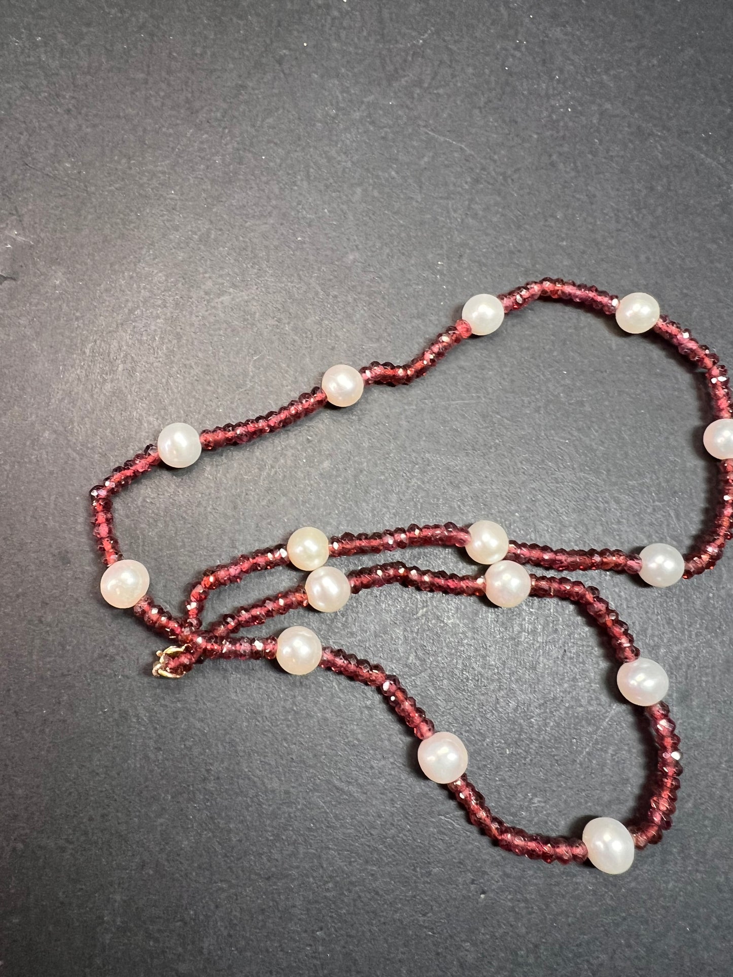 14k gold clasp garnet and pearl station necklace 18 inches
