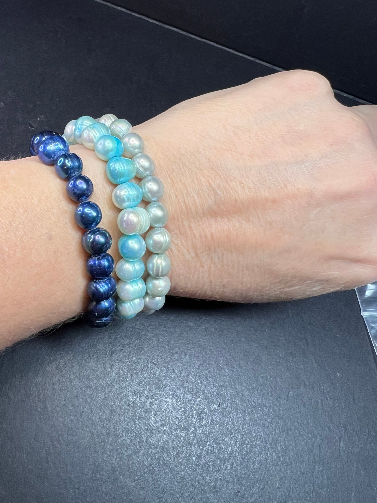 Set of three freshwater pearl shades of blue stretch bracelets