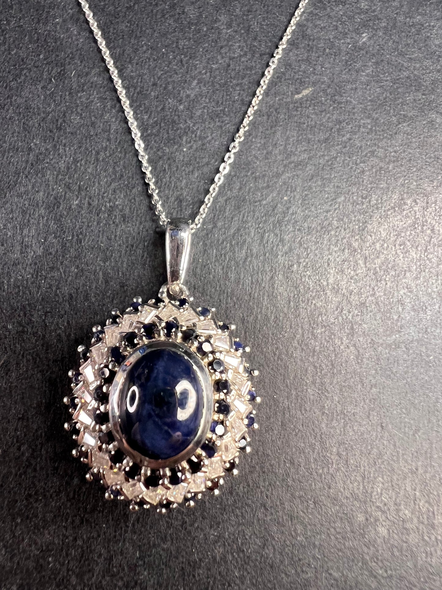 NEW Blue star sapphire and moissanite sterling silver halo pendant necklace