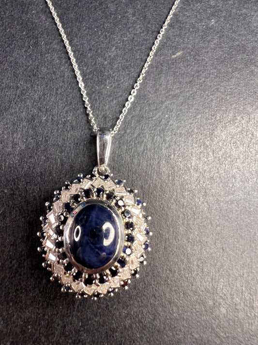 NEW Blue star sapphire and moissanite sterling silver halo pendant necklace