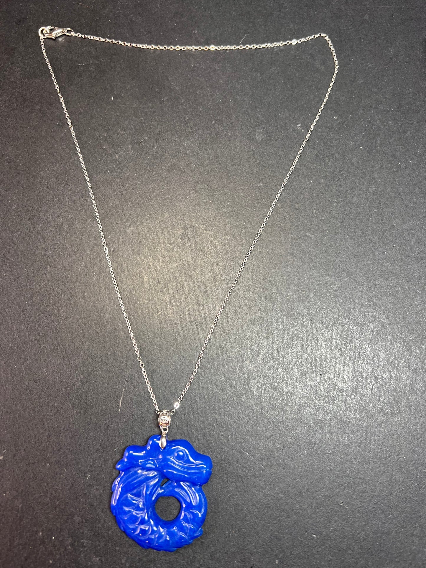 NEW Blue Jade dragon sterling silver pendant and chain