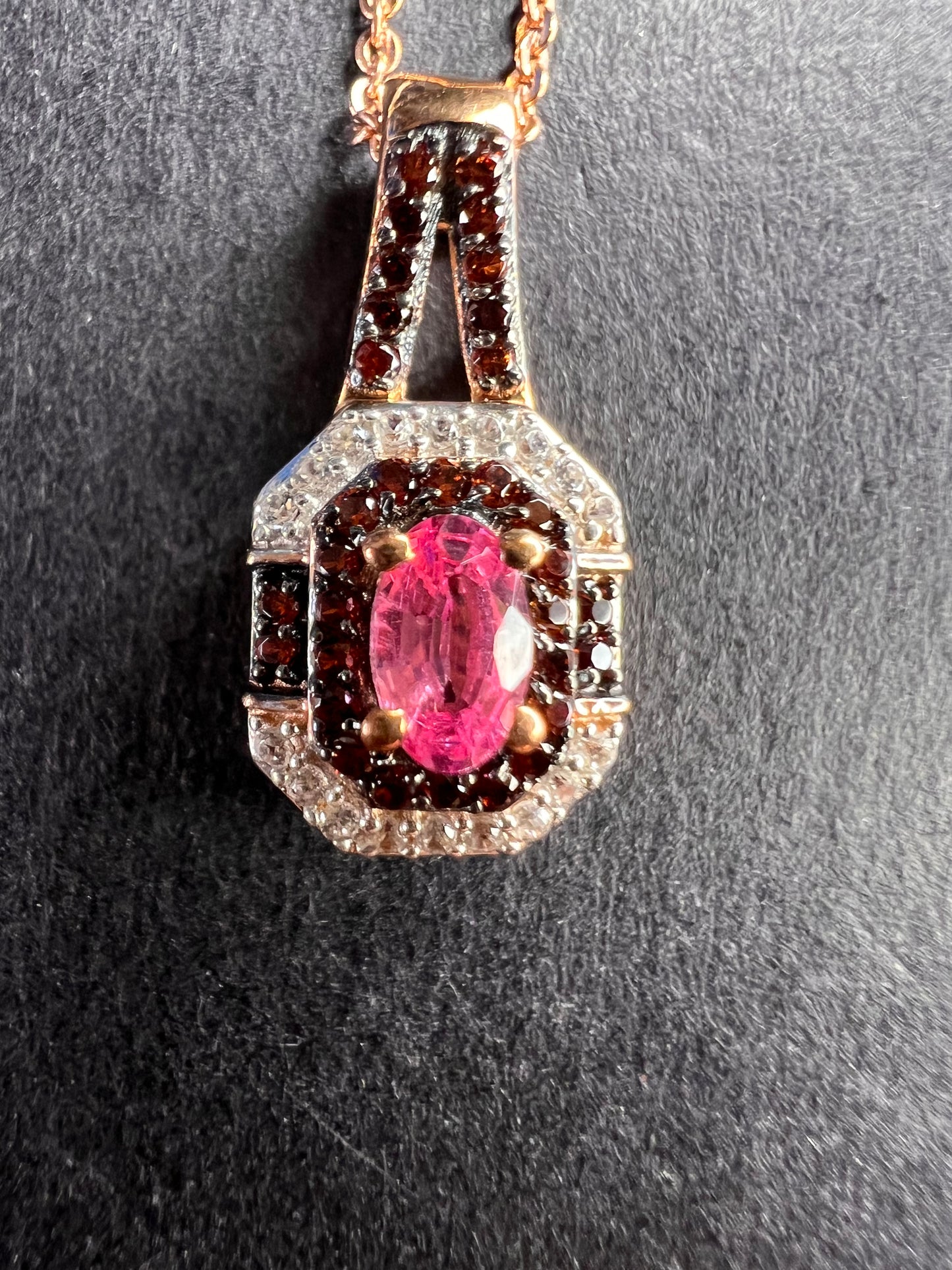 NEW Mahenge pink spinel and brown zircon art deco style pendant in rose gold over sterling silver