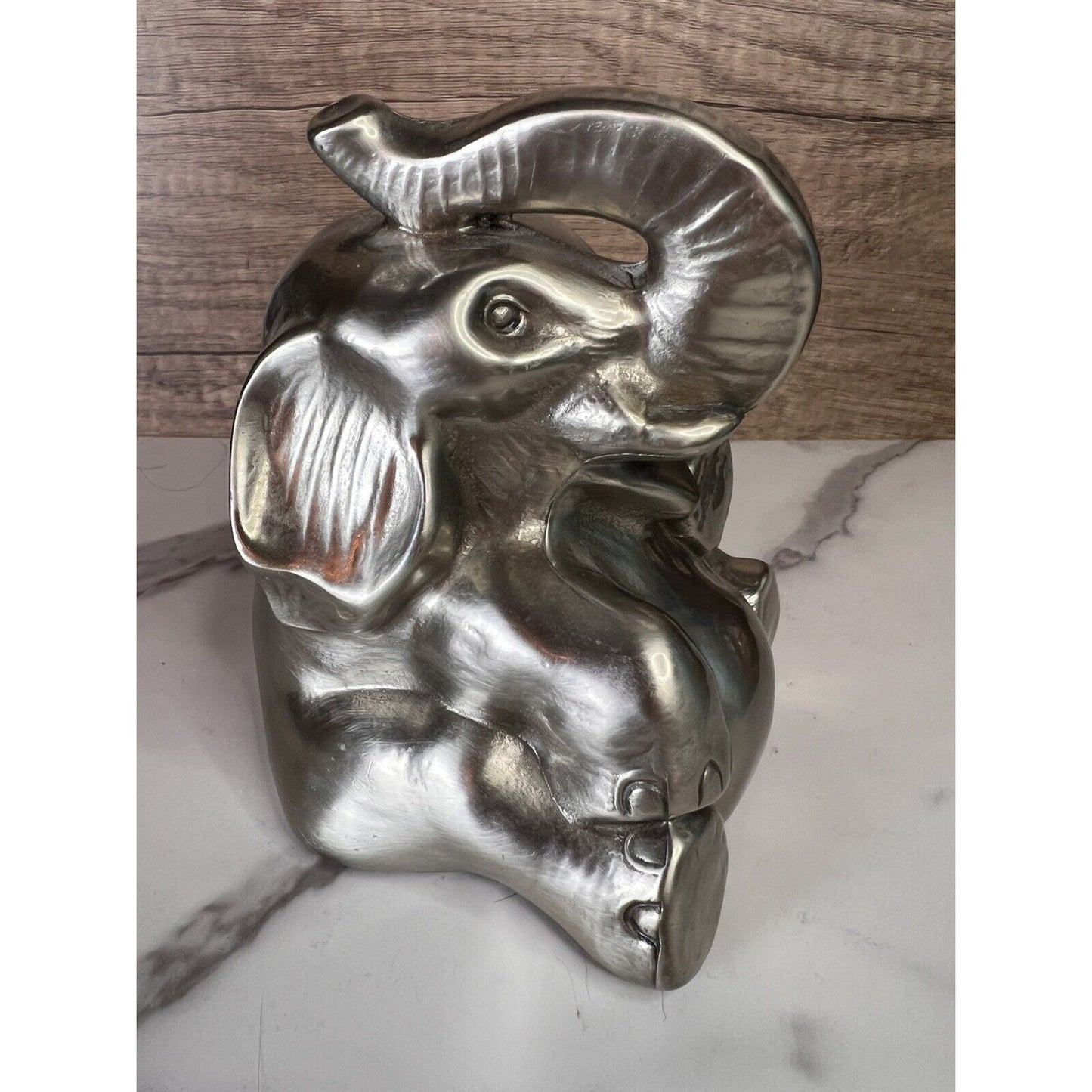 Vtg Elephant Bookend Doorstop Paperweight MCM Silver Gold Trunk Up Elephant