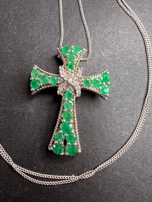 Emerald and zircon sterling silver cross pendant with 20 inch chain