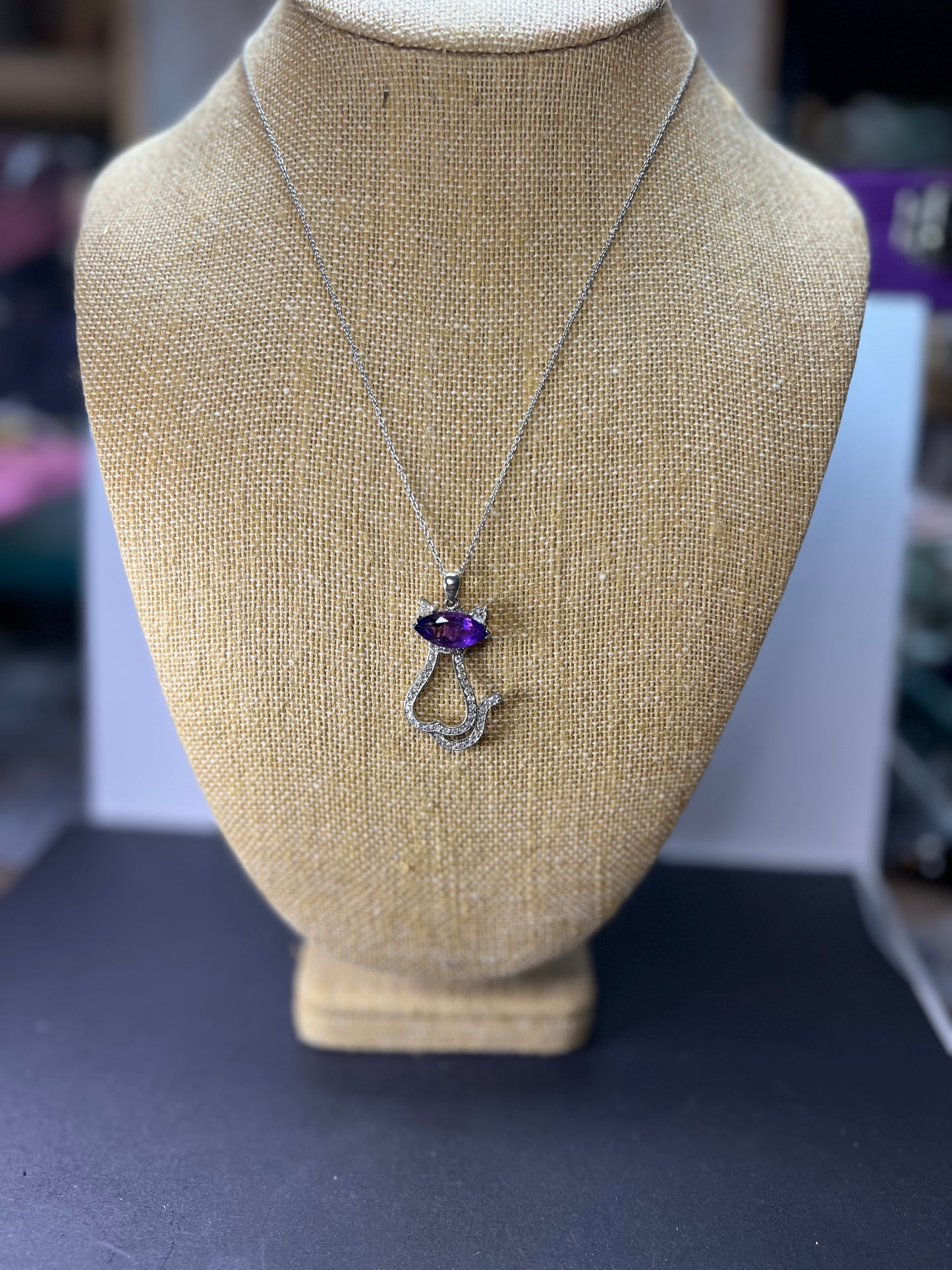 Purple Amethyst white topaz Rhodium Over Silver Cat Pendant Chain