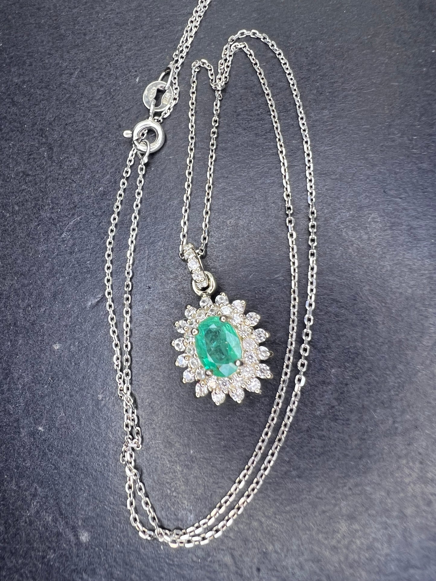 Zambian Emerald and White Zircon Sunburst Pendant Necklace 18 Inches in Platinum Over Sterling Silver 1.50 ctw
