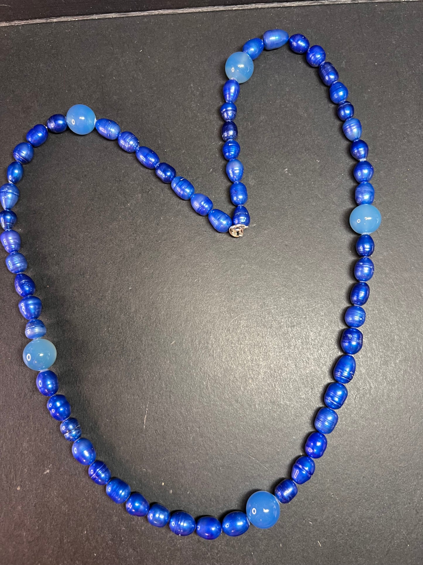 NEW blue freshwater pearls and agate 32 inch necklace with sterling silver clasp