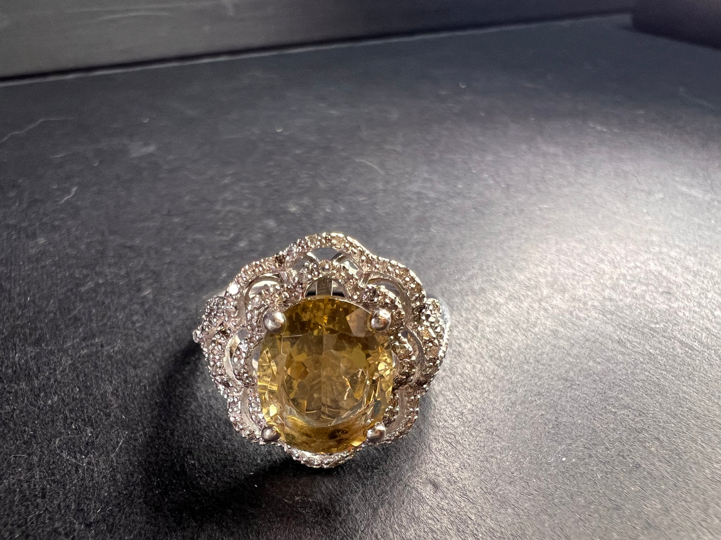 Citrine & Diamond Sterling Silver Scalloped Halo Ring Size 9