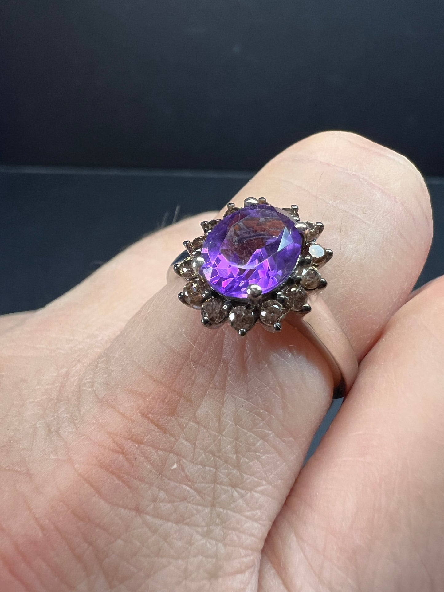 NEW Rose de France and brown zircon halo ring in platinum over sterling silver size 8