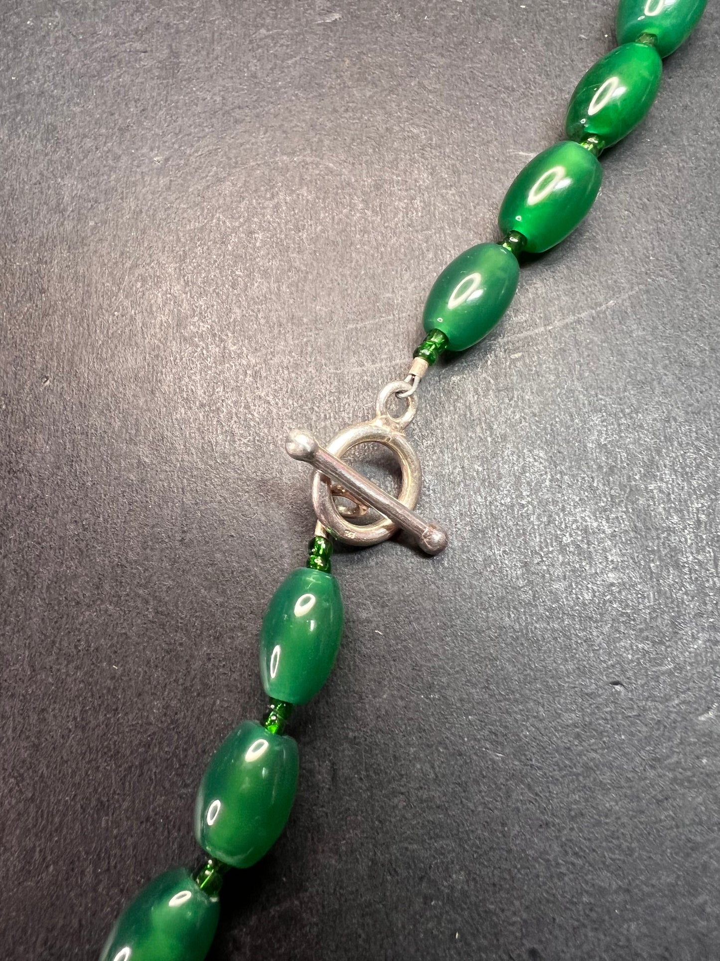 Green onyx beaded necklace with sterling silver toggle clasp