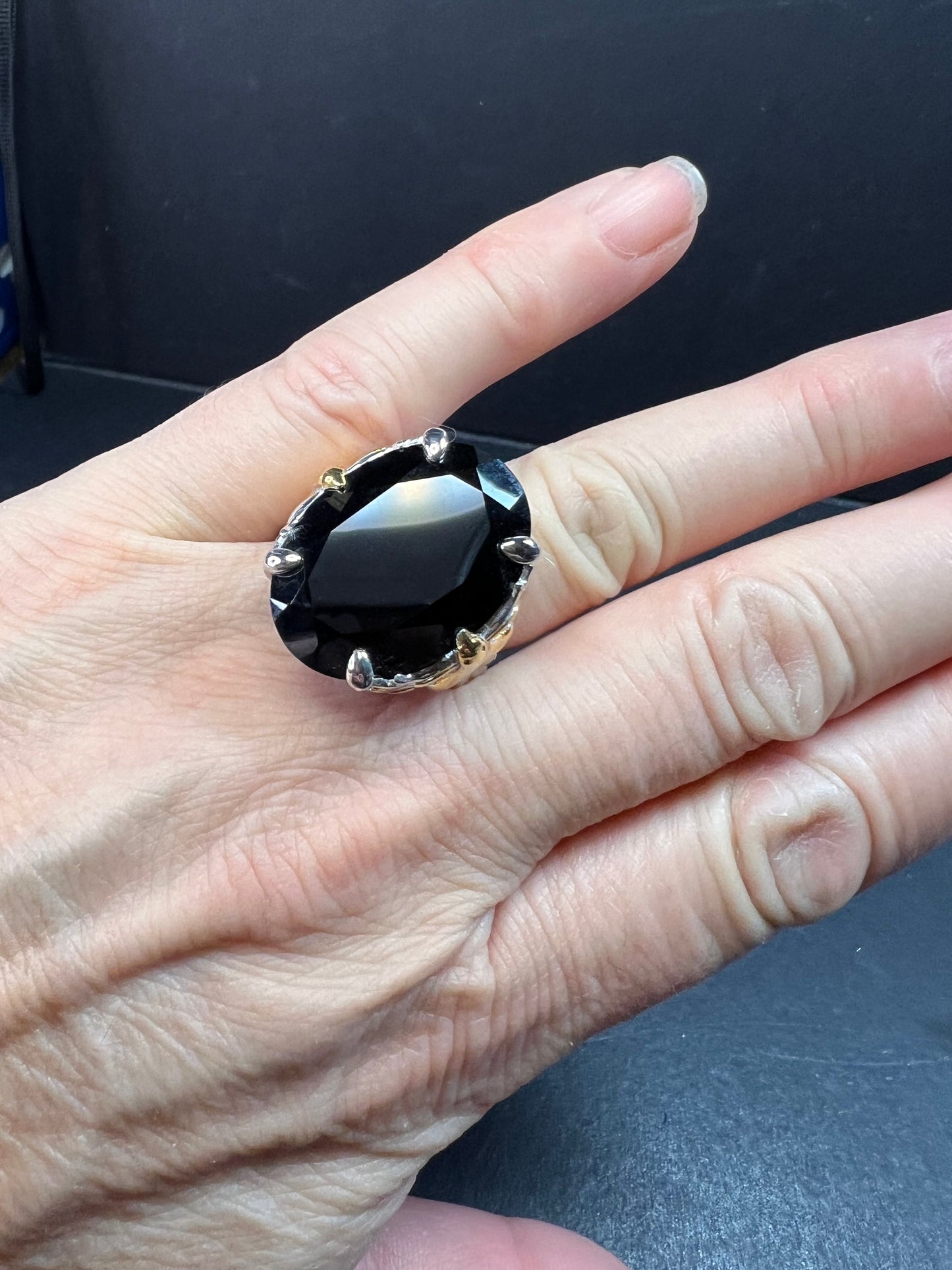 NEW Black spinel Phoenix ring in rhodium and gold vermeil over sterling silver size 7