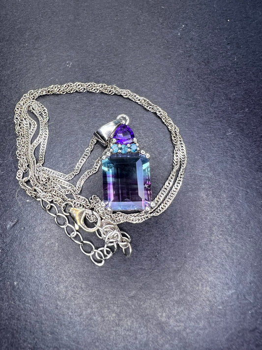 Fluorite, blue topaz and amethyst pendant on 18 inch chain necklace