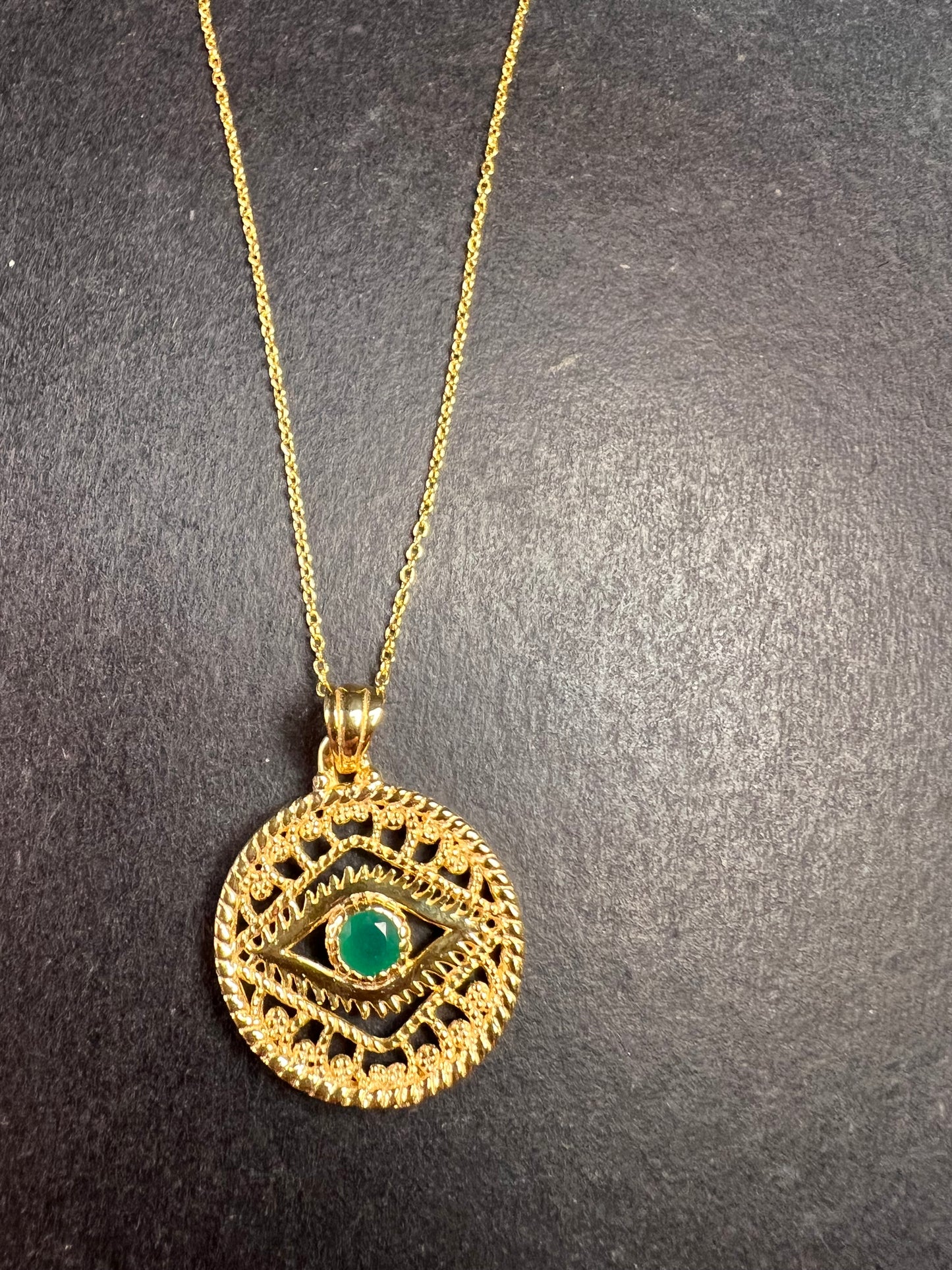 NEW Green onyx evil eye pendant and chain in gold over sterling silver
