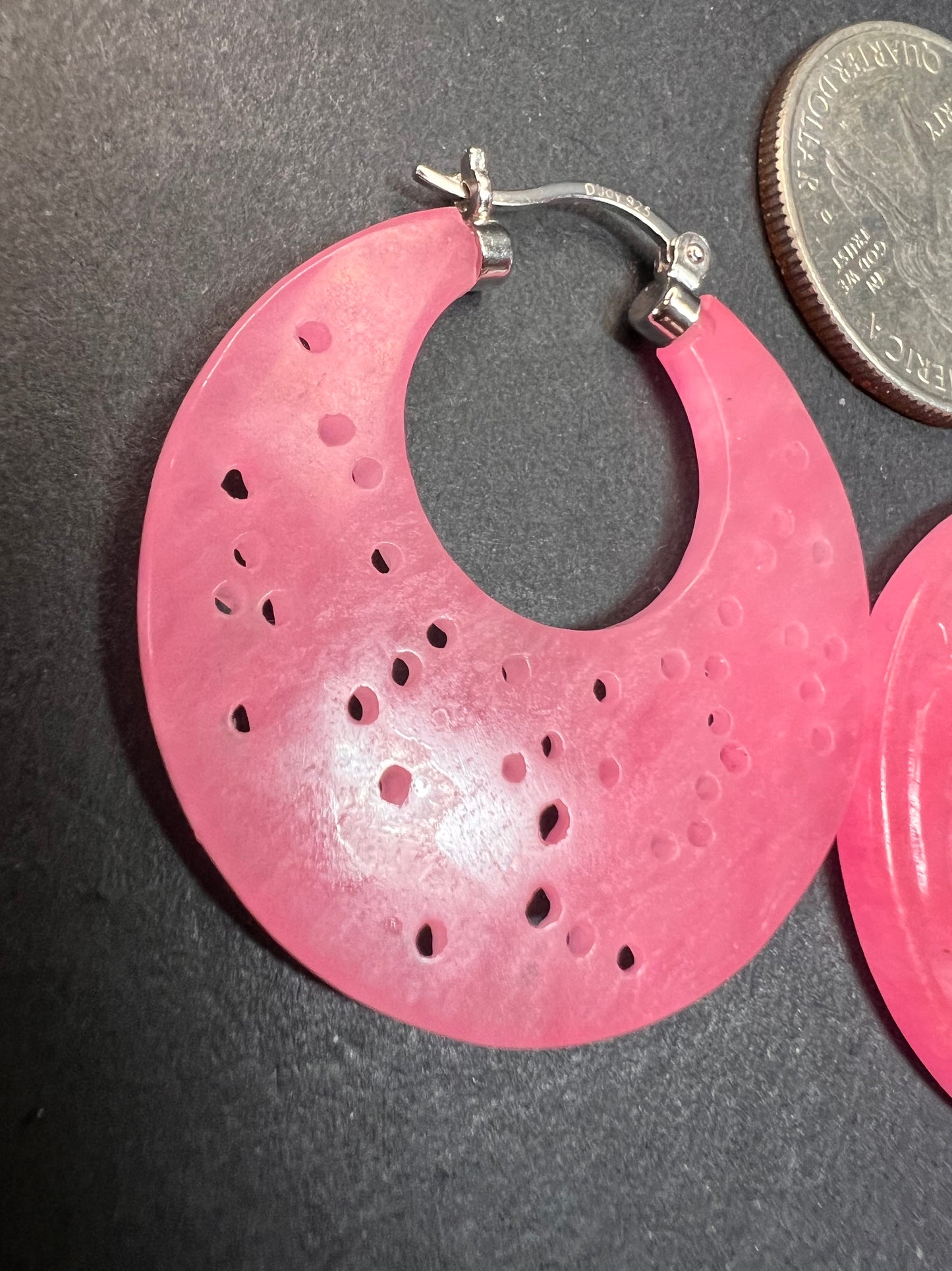 NEW pink jade carved dragon hoop earrings with sterling silver closures