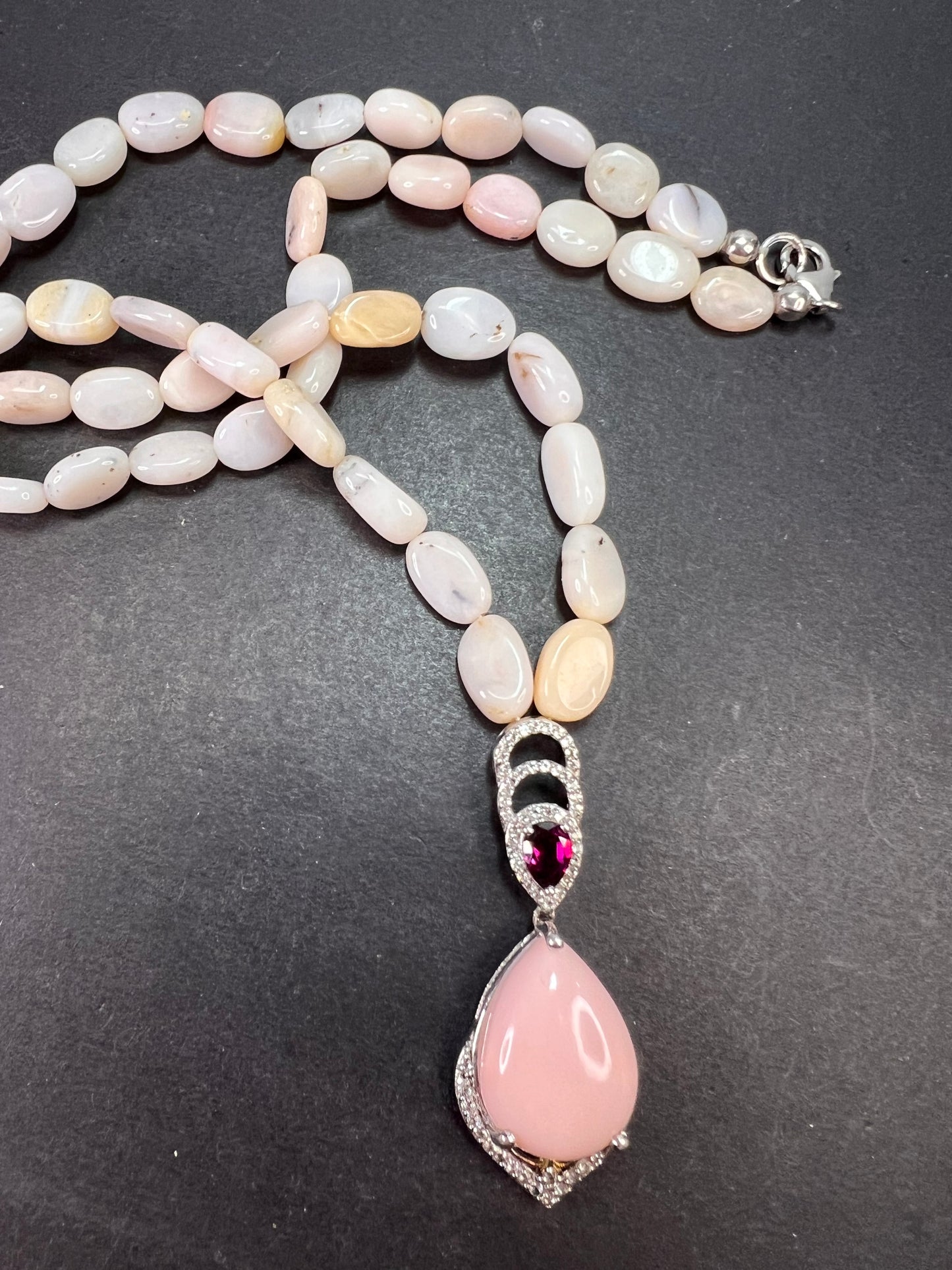 Peruvian pink opal and raspberry rhodolite garnet sterling silver necklace