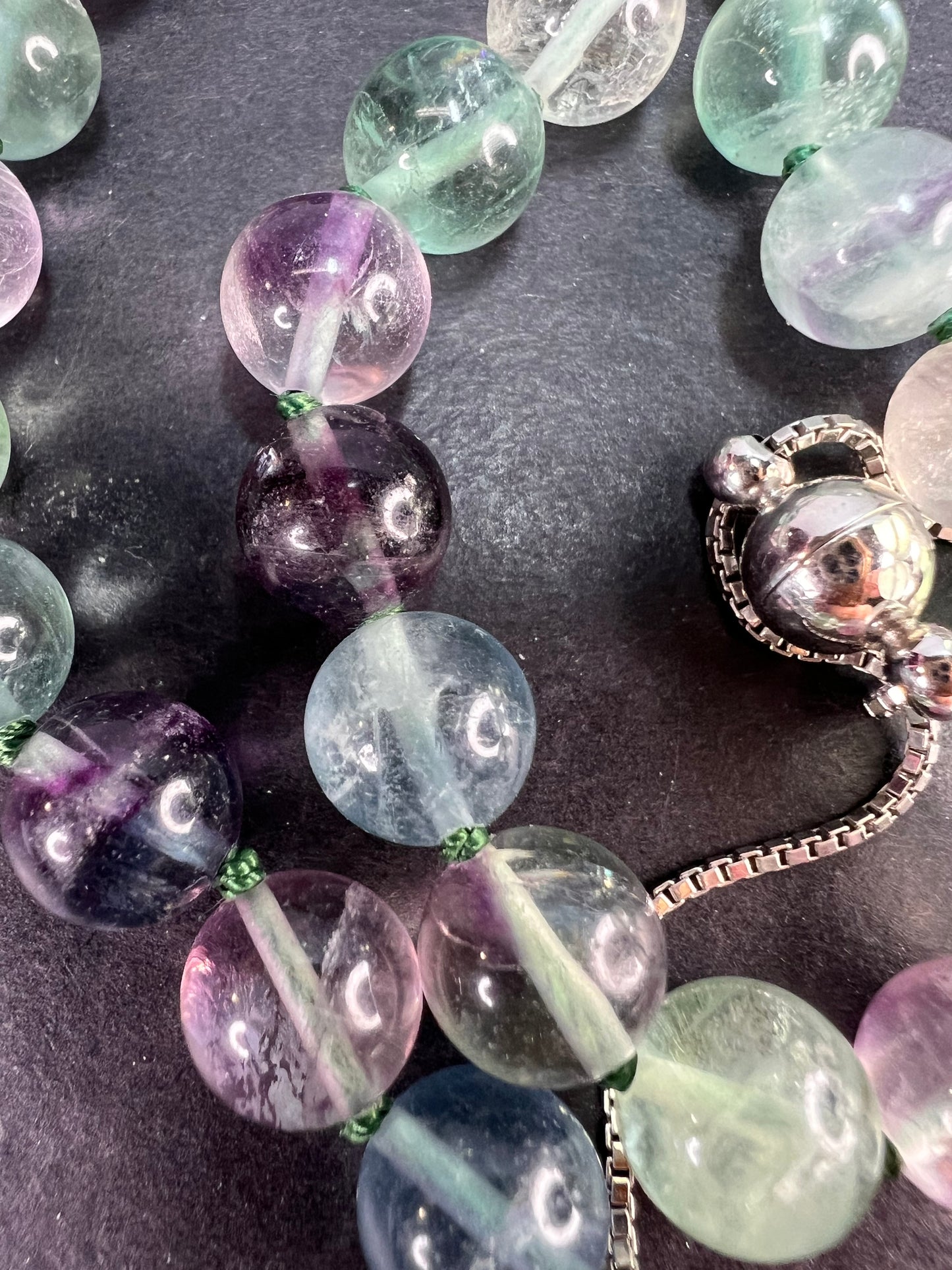 NEW Fluorite knotted beaded bolo necklace with sterling silver magnetic clasp