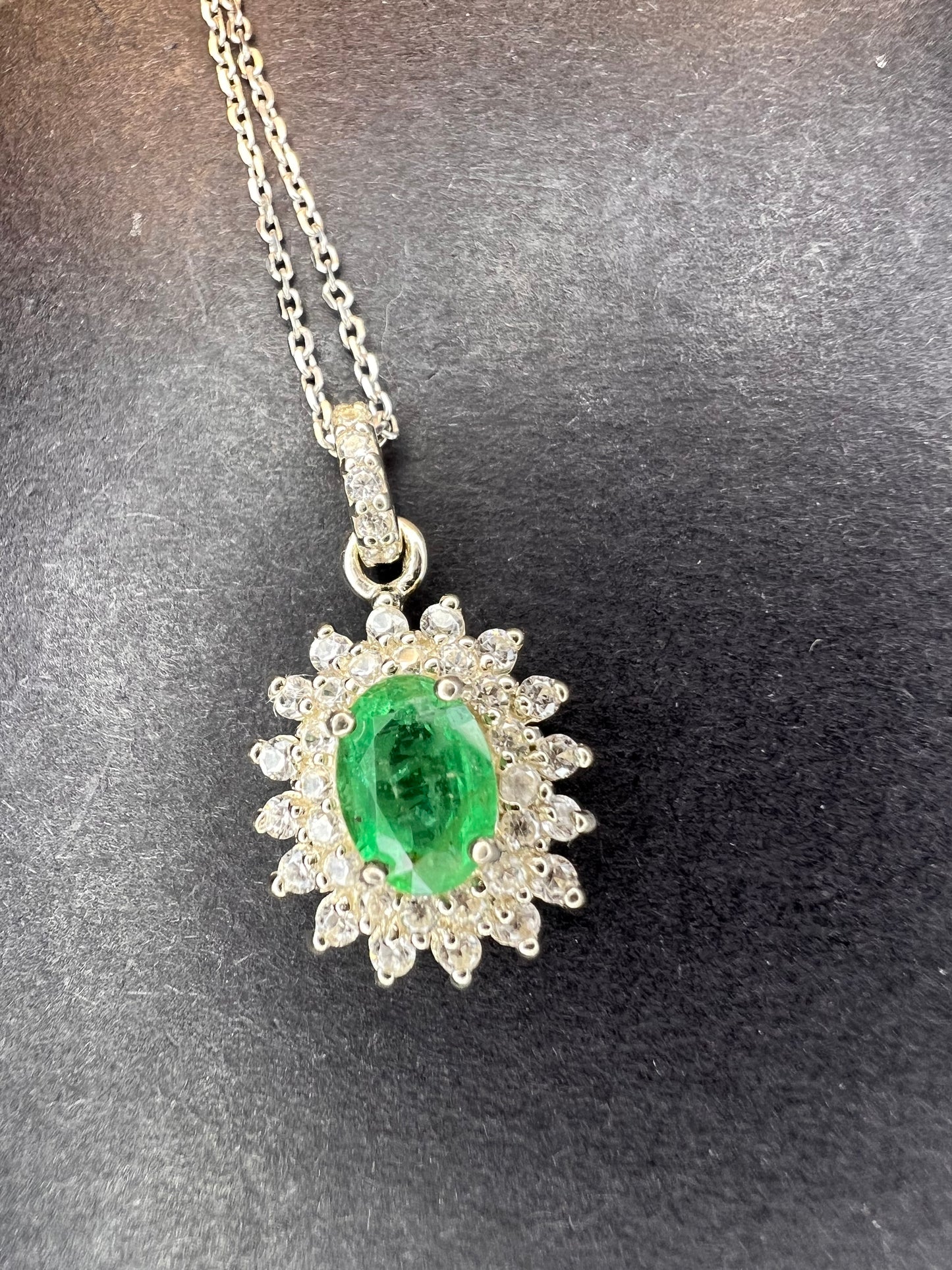 Zambian Emerald and White Zircon Sunburst Pendant Necklace 18 Inches in Platinum Over Sterling Silver 1.50 ctw