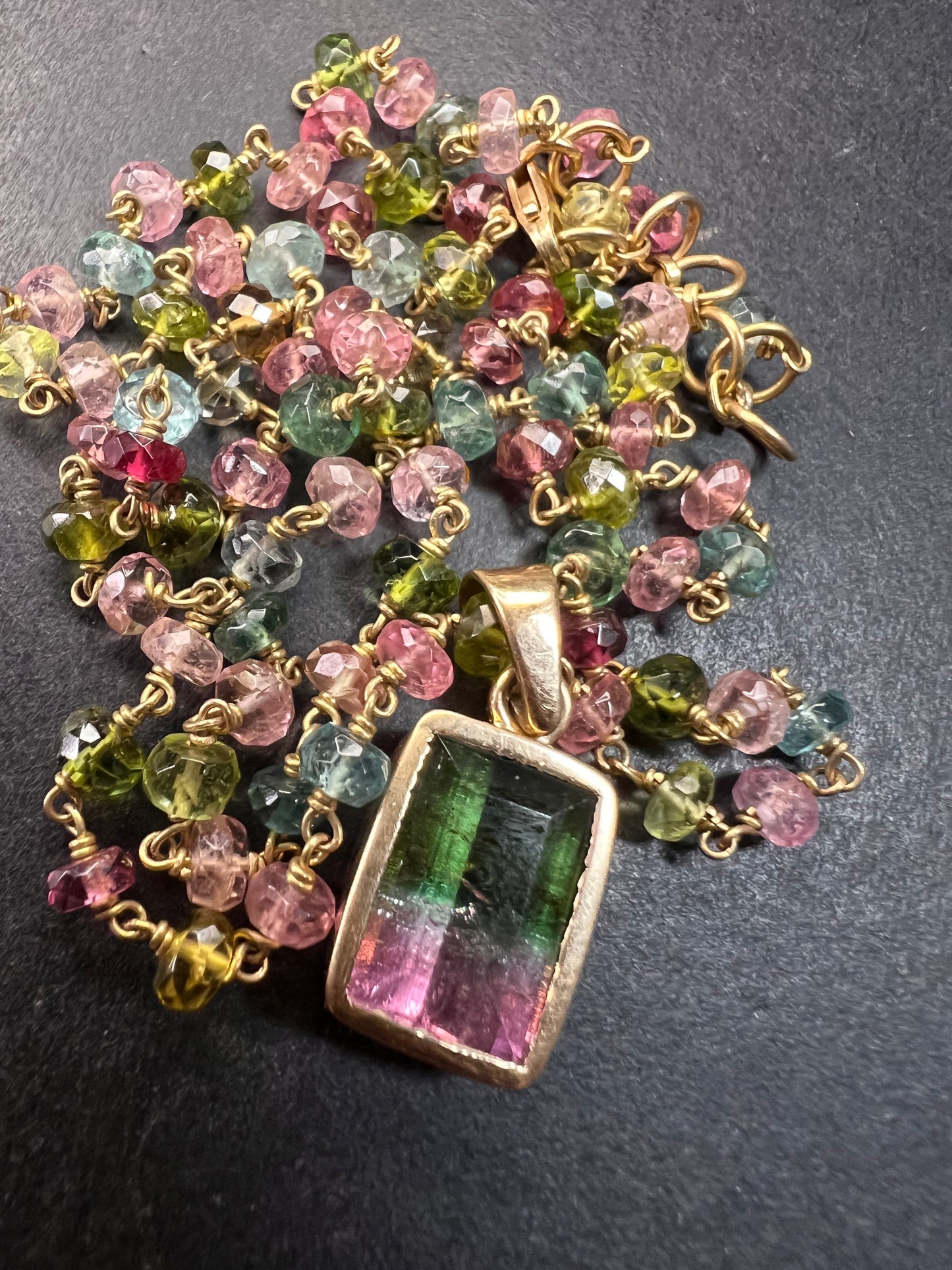 Vintage 14k & 18k gold watermelon tourmaline pendant necklace