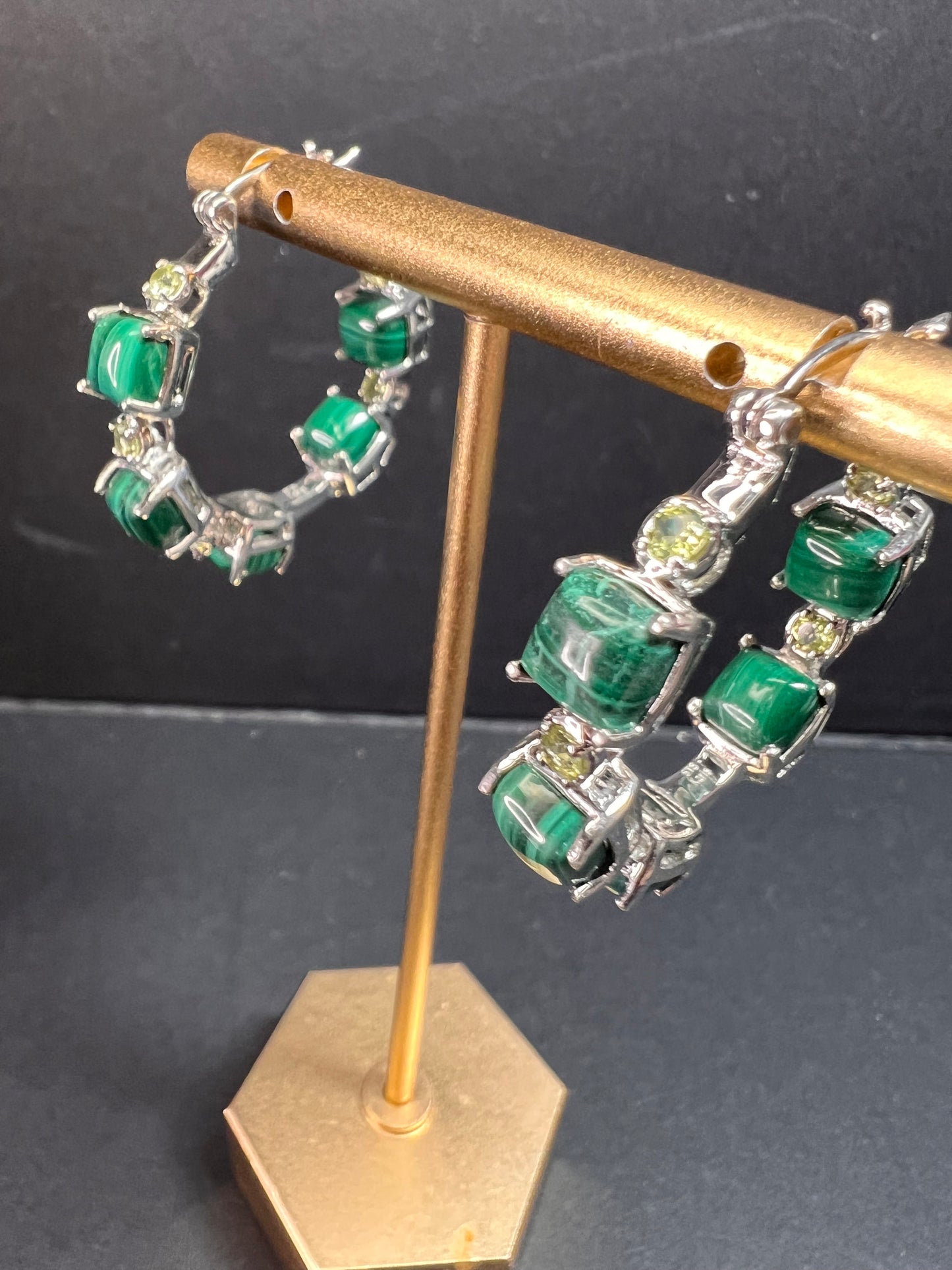 NEW malachite and peridot inside out hoop earrings in platinum over brass