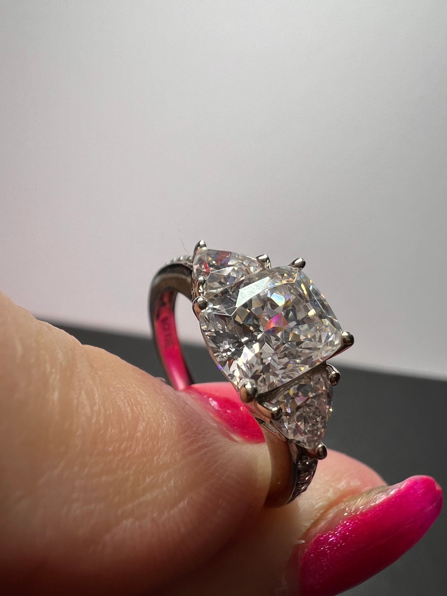 White cushion cut cubic zirconia platinum over sterling silver ring size 9