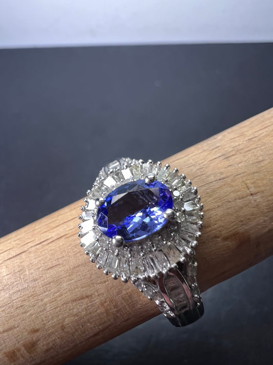 Tanzanite and diamond platinum over sterling silver halo ring size 9
