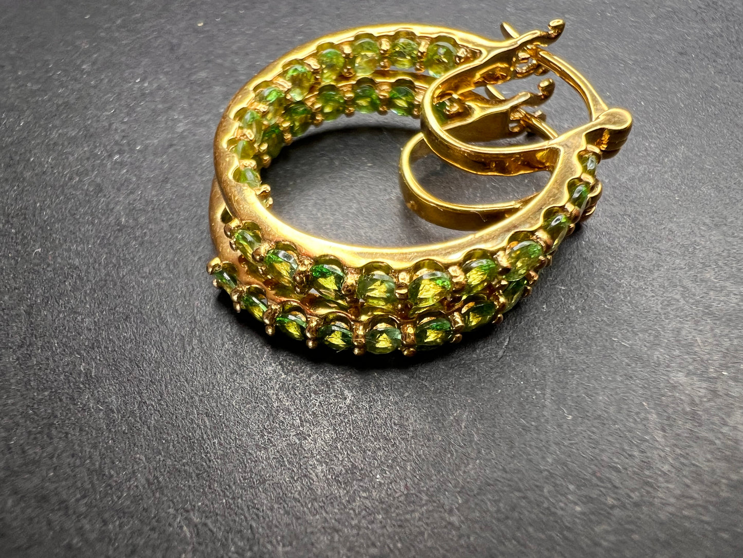 Tsavorite garnet j hoop inside out earrings in yellow gold vermeil over sterling silver
