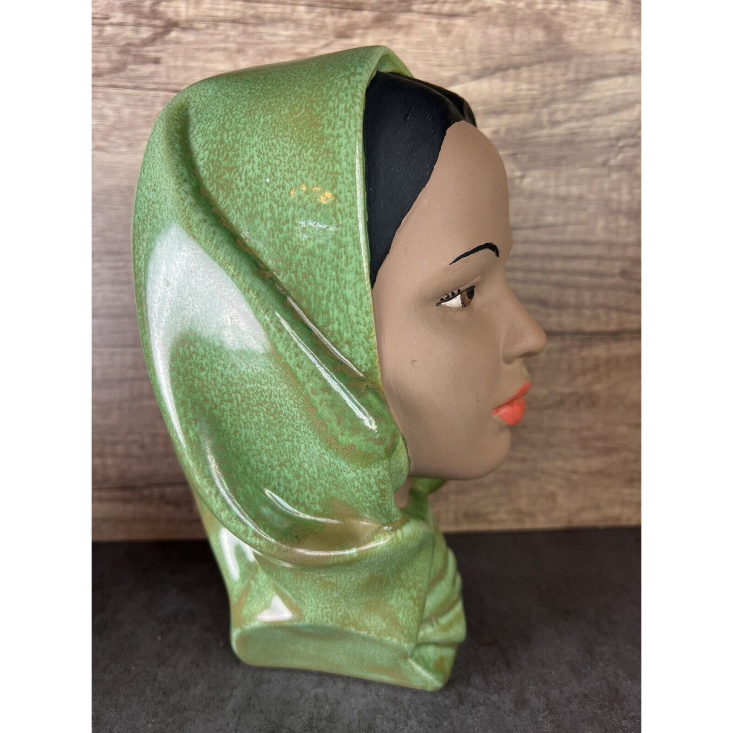 Vintage Female Head Bust Hand Painted Chalk Ware Green Head Scarf Ceramic