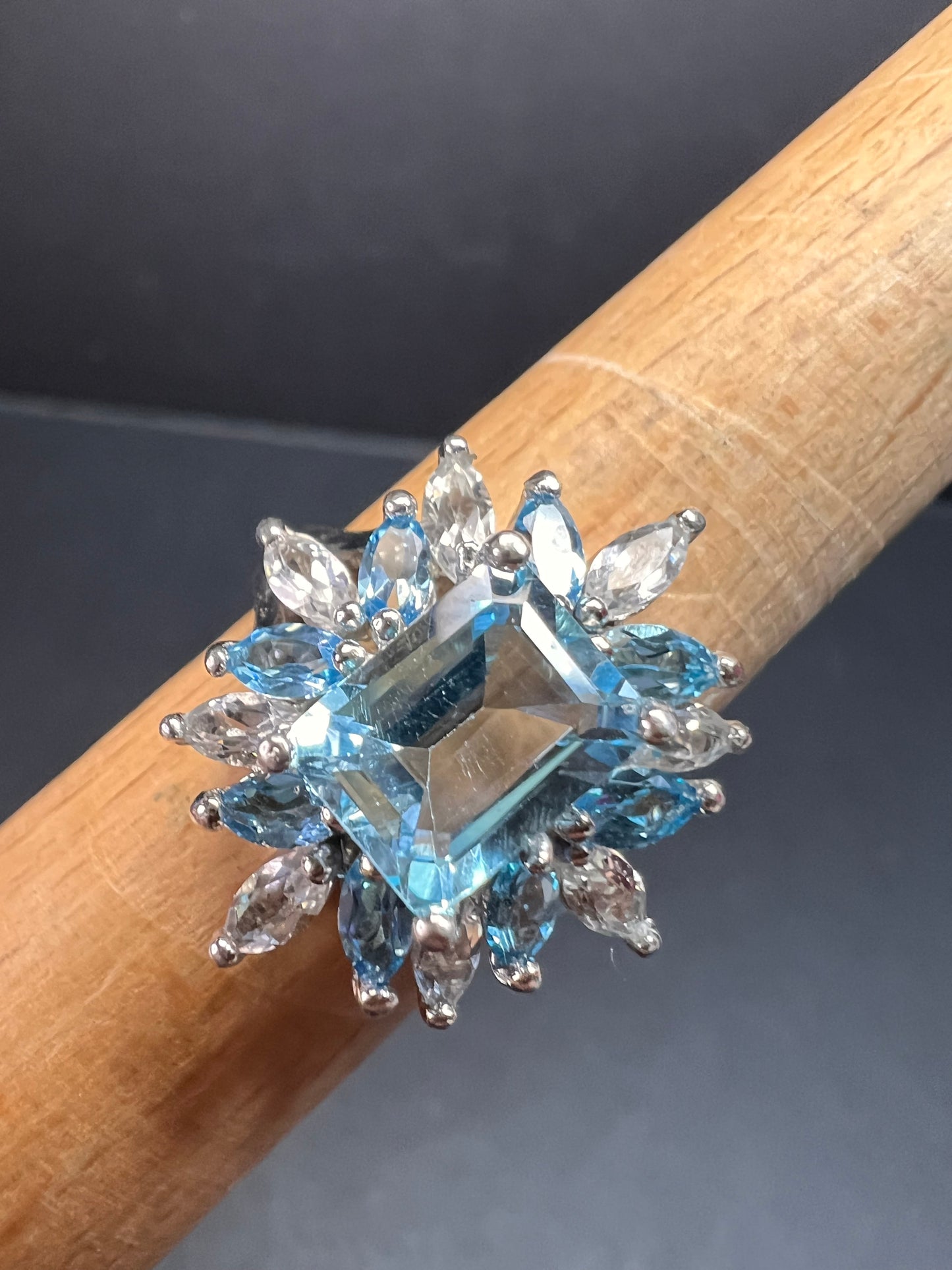 Vintage Sky blue and white topaz sterling silver ring size 8