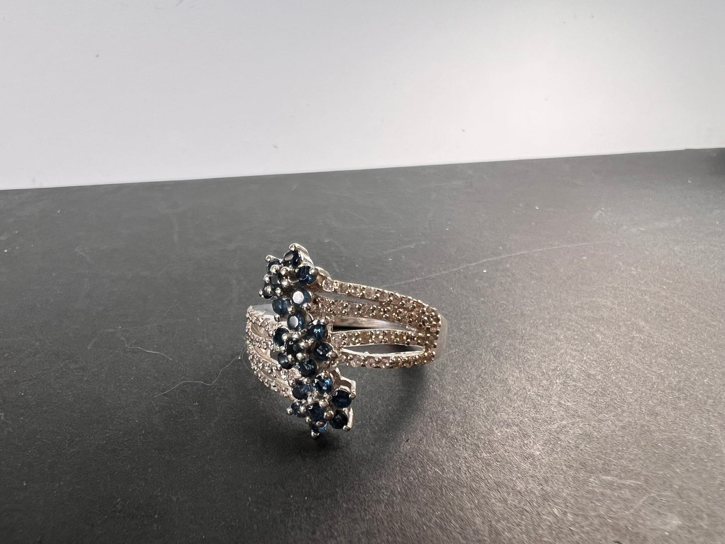 Blue tourmaline and zircon bypass ring in sterling silver size 9