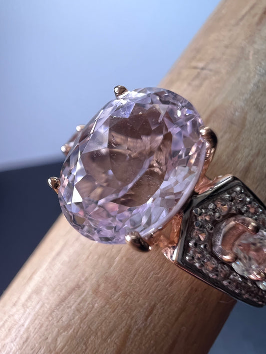 Kunzite and white zircon 18k rose gold over sterling silver ring size 9