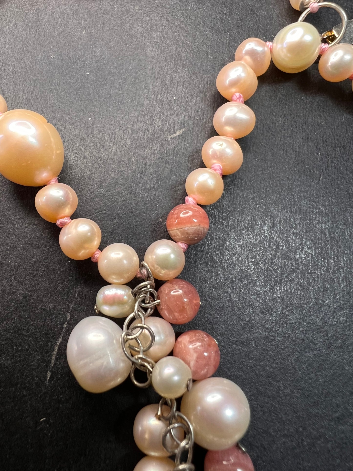 NEW freshwater pearl, rhodochrosite and morganite necklace with sterling silver clasp