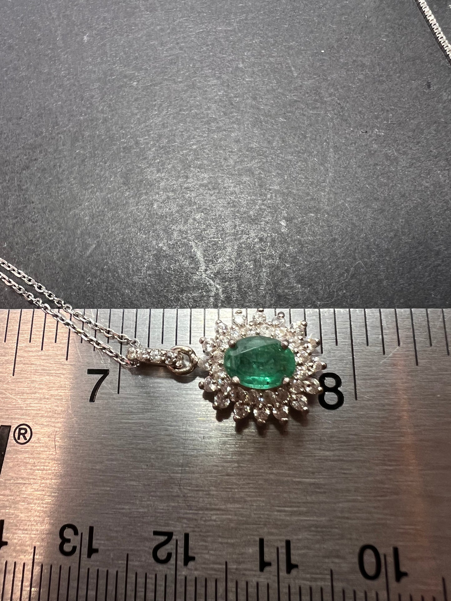 Zambian Emerald and White Zircon Sunburst Pendant Necklace 18 Inches in Platinum Over Sterling Silver 1.50 ctw