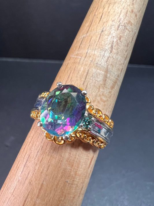 NEW green mystic topaz two toned sterling silver ring size 7