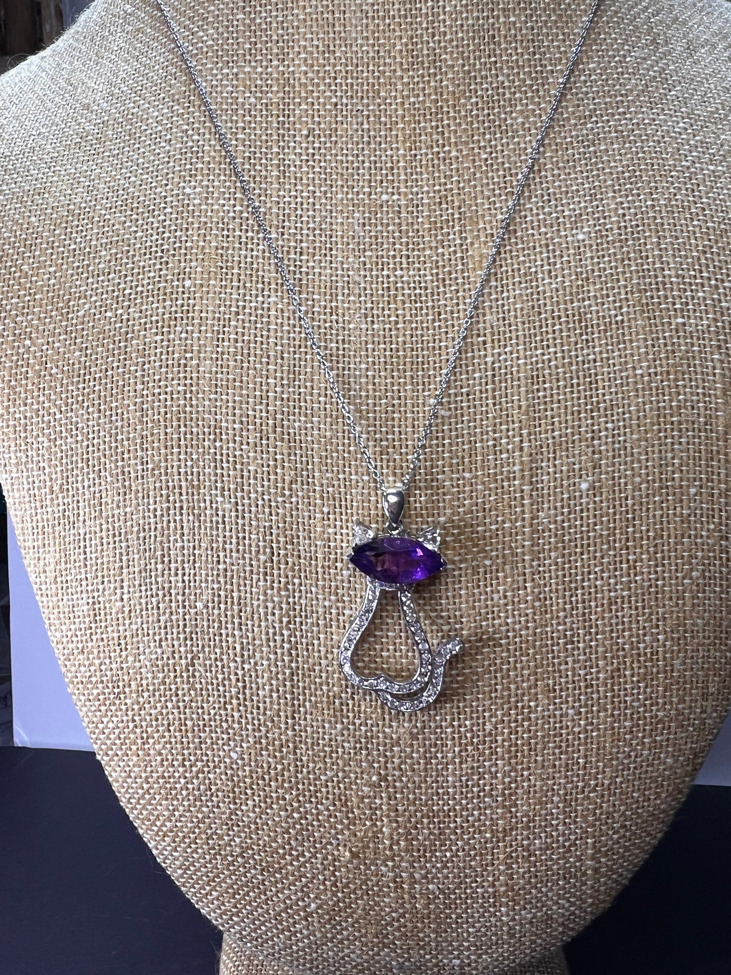 Purple Amethyst white topaz Rhodium Over Silver Cat Pendant Chain