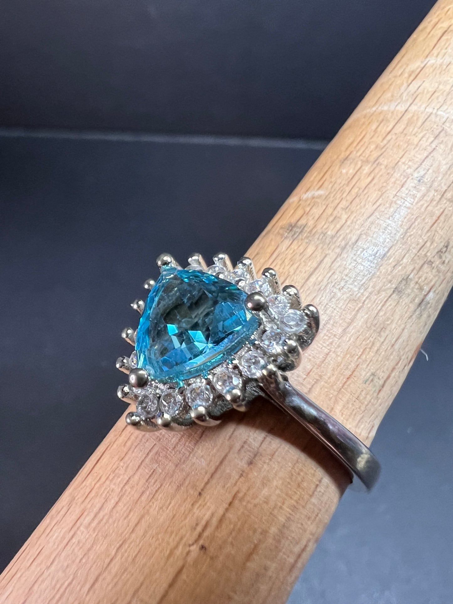 Sky blue trillium CZ halo sterling silver ring size 9
