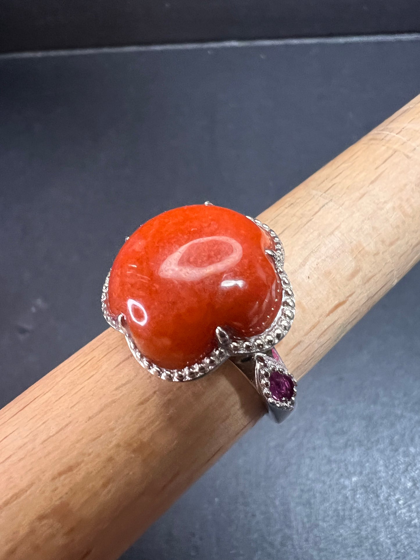 NEW cherry red jade and ruby blossom ring in rhodium over sterling silver size 9
