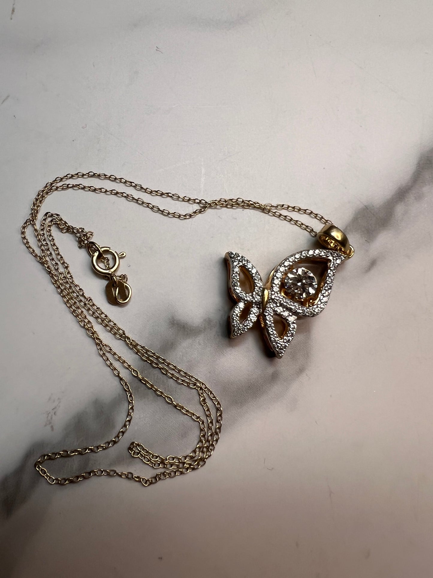 Butterfly CZ pendant in YG over sterling silver with 18 inch chain