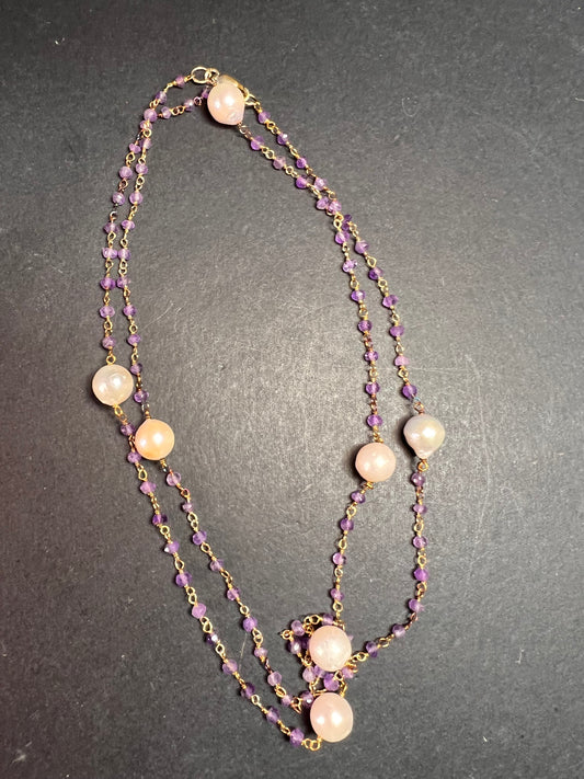 Amethyst and pearl 30 inch station necklace in sterling silver