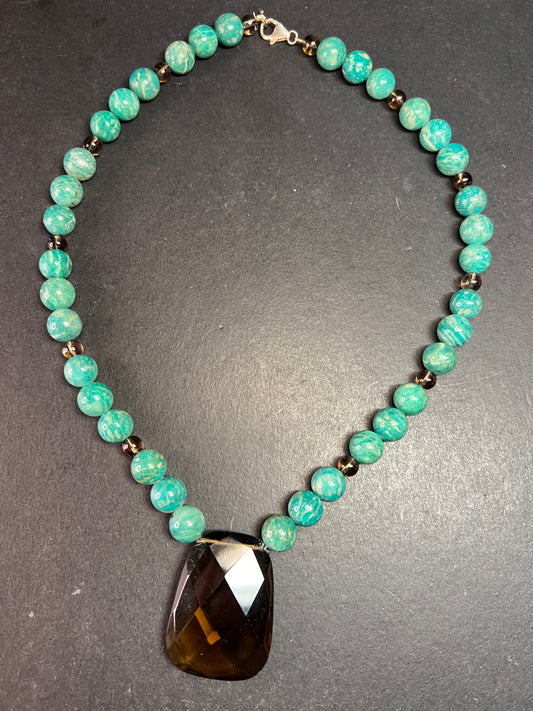 Russian amazonite and smoky quartz necklace with sterling silver clasp