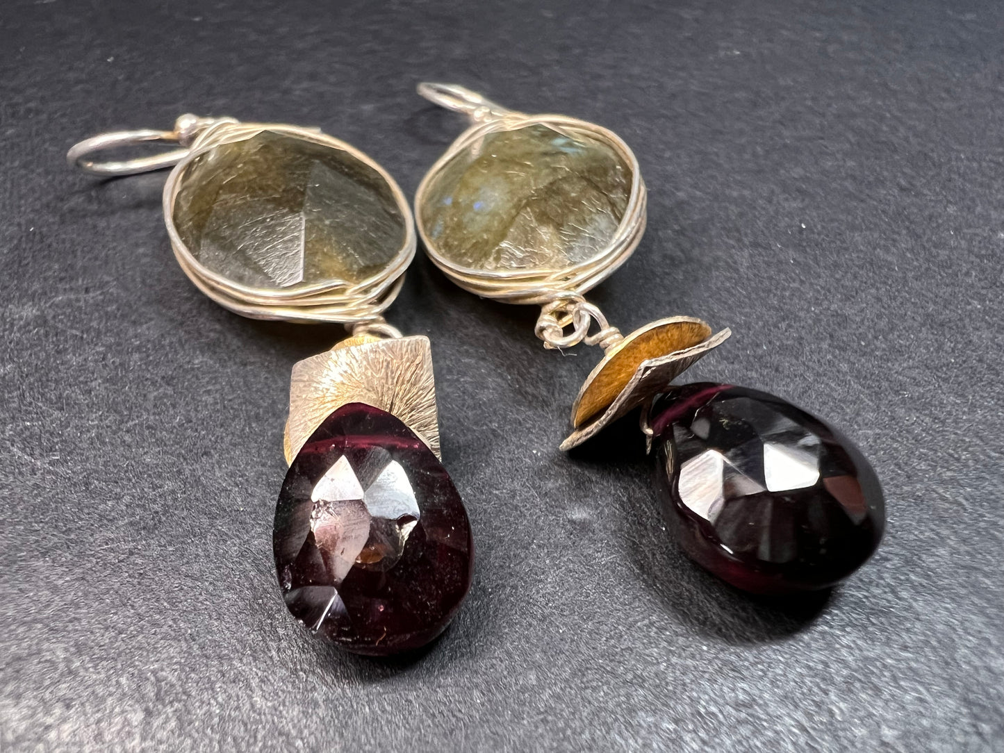 Labradorite and rhodolite garnet sterling silver dangle earrings