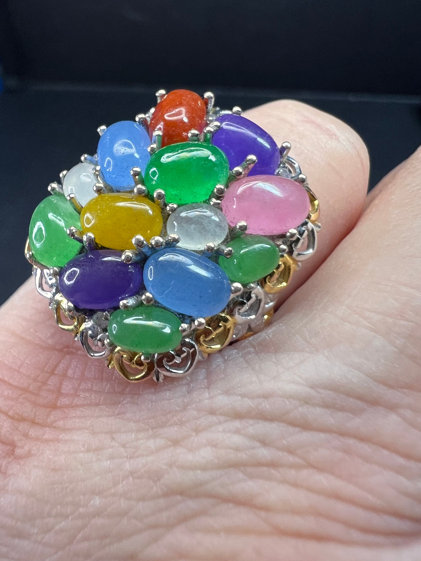 NEW rainbow harmony jade ring in vermeil and rhodium over sterling silver size 5