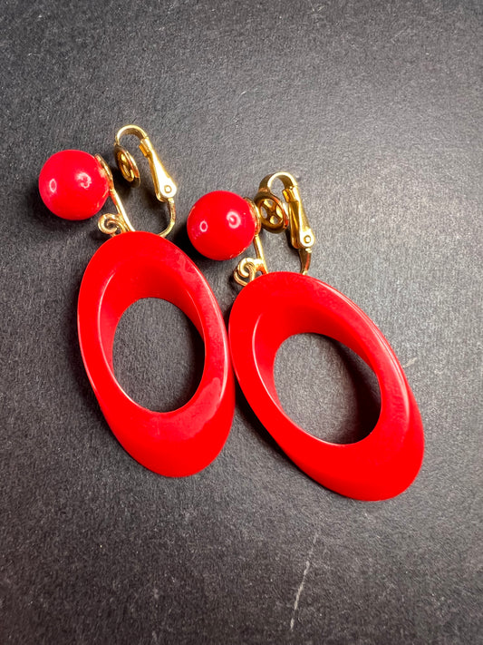 Vintage Trifari red lucite hoop clip on earrings